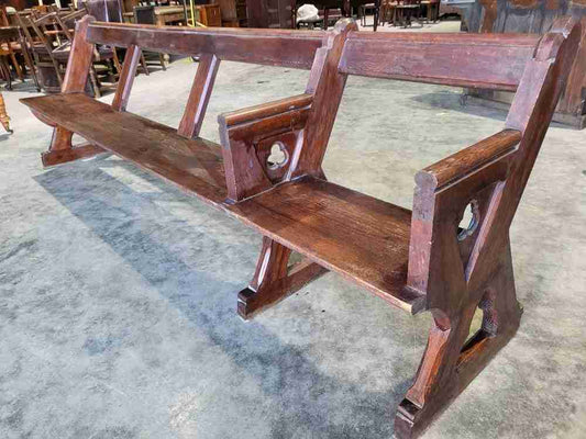 Antique large pitch pine bench carved slope back 302 cm w seat conservatory hall