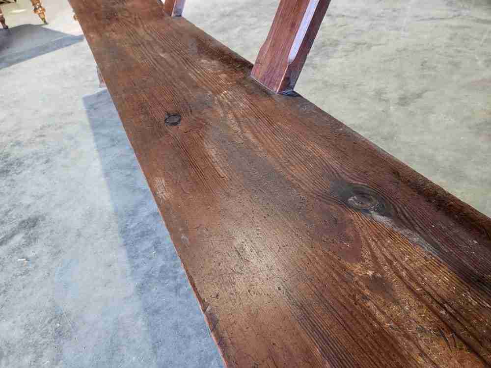Antique large pitch pine bench carved slope back 302 cm w seat conservatory hall
