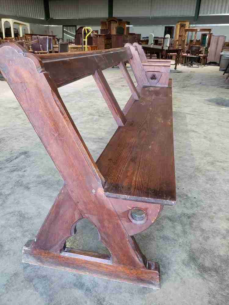 Antique large pitch pine bench carved slope back 302 cm w seat conservatory hall