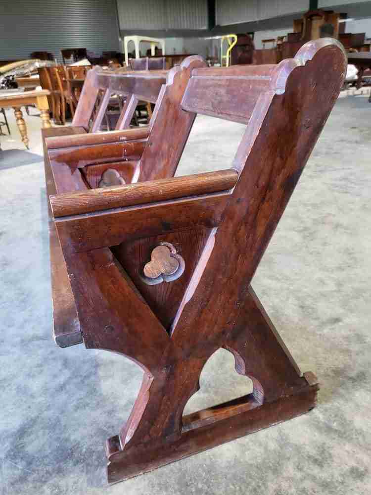 Antique large pitch pine bench carved slope back 302 cm w seat conservatory hall