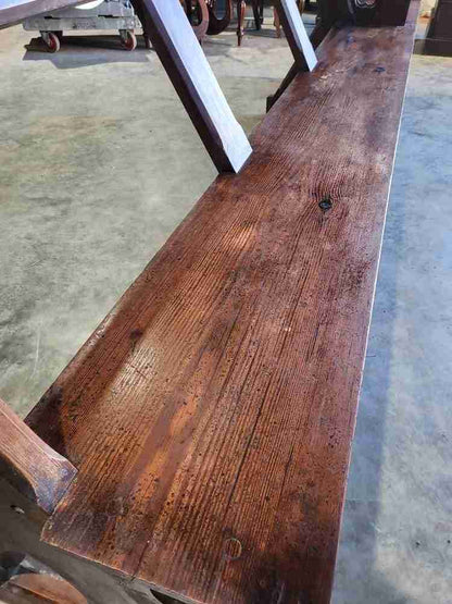 Antique large pitch pine bench carved slope back 302 cm w seat conservatory hall