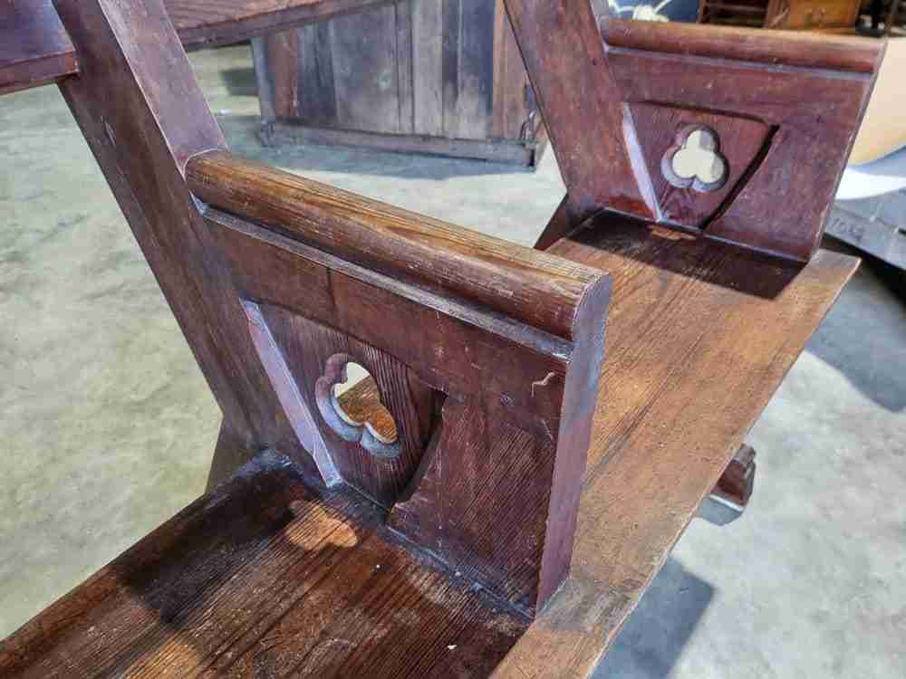 Antique large pitch pine bench carved slope back 302 cm w seat conservatory hall