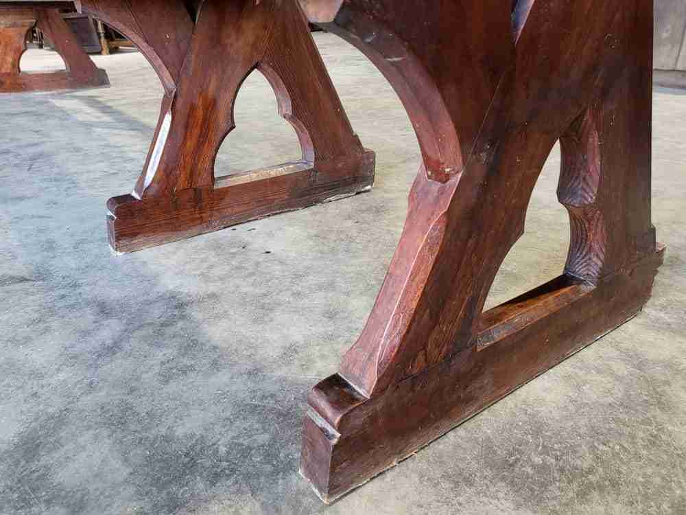 Antique large pitch pine bench carved slope back 302 cm w seat conservatory hall