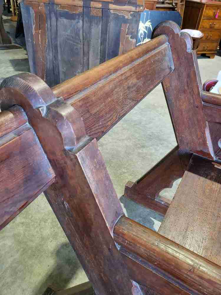 Antique large pitch pine bench carved slope back 302 cm w seat conservatory hall