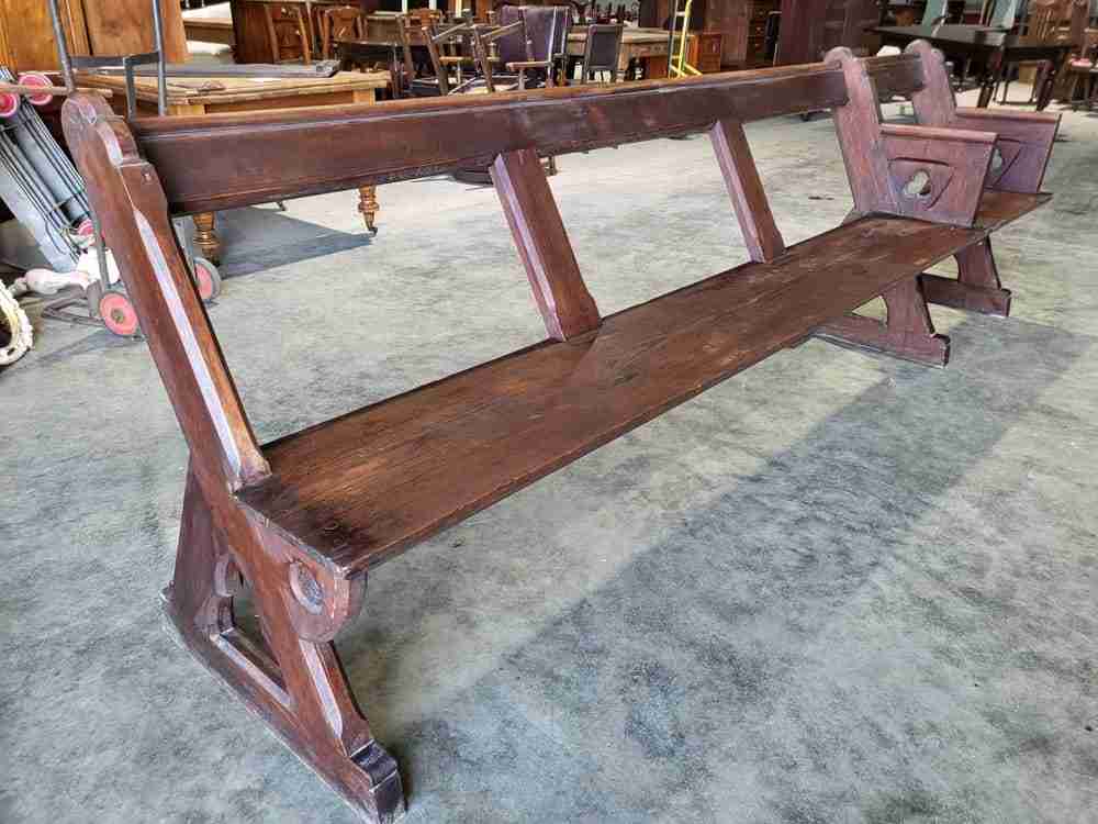 Antique large pitch pine bench carved slope back 302 cm w seat conservatory hall