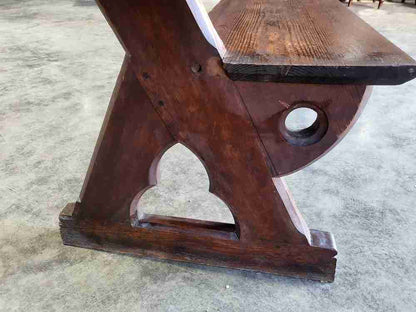 Antique large pitch pine bench carved slope back 302 cm w seat conservatory hall