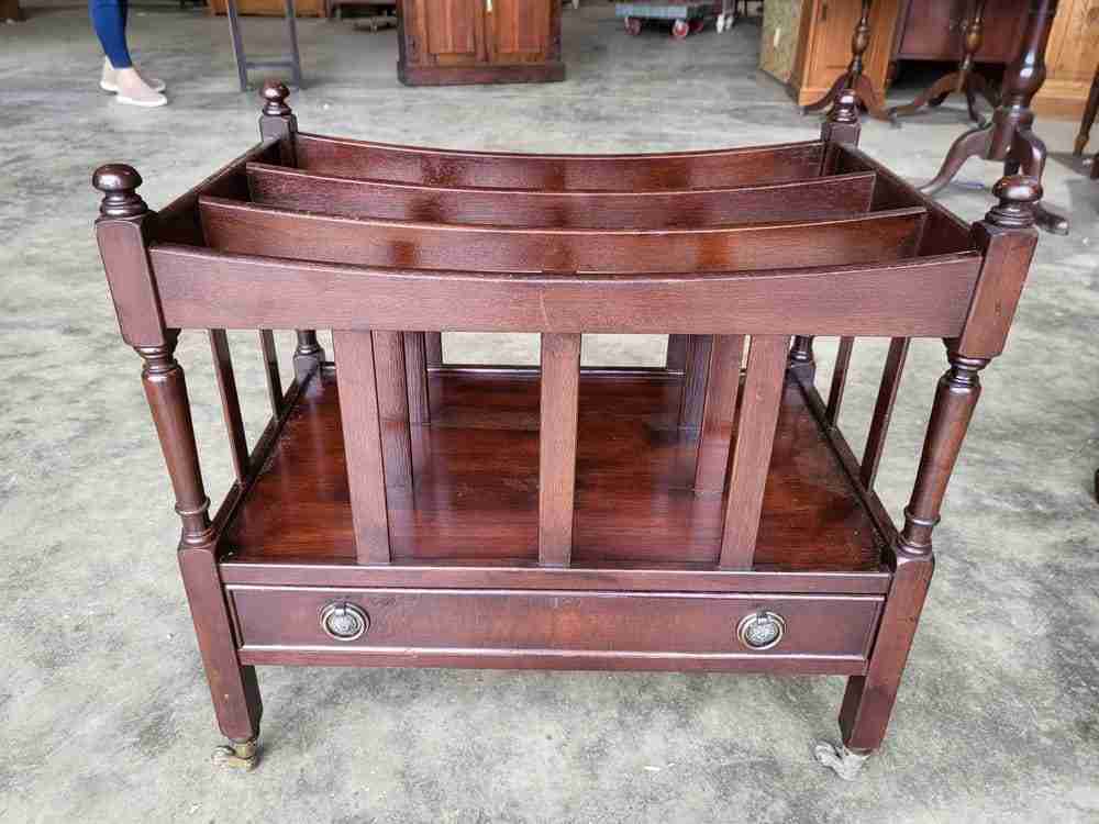 Antique repro mahogany canterbury magazine book rack drawer castors