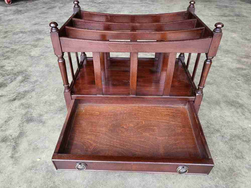 Antique repro mahogany canterbury magazine book rack drawer castors