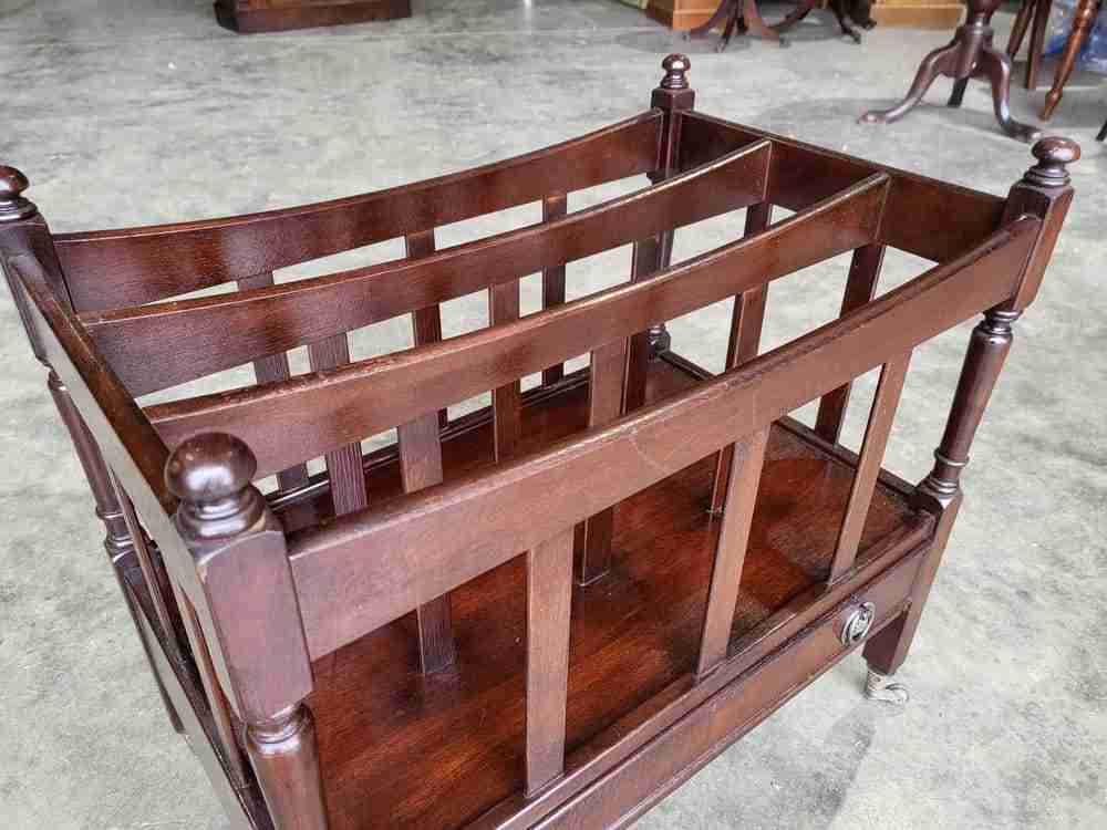 Antique repro mahogany canterbury magazine book rack drawer castors