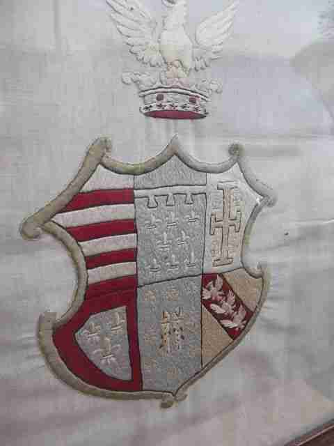 Vintage fire screen - Oak fire screen with embroidered linen coat of arms