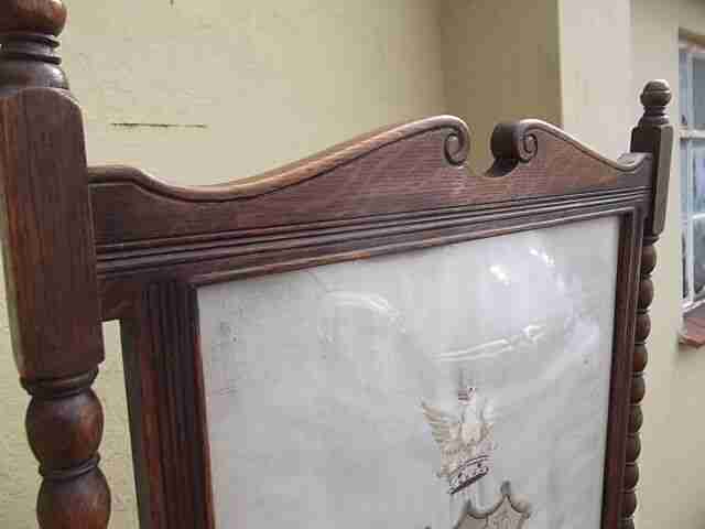Vintage fire screen - Oak fire screen with embroidered linen coat of arms