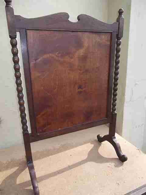 Vintage fire screen - Oak fire screen with embroidered linen coat of arms