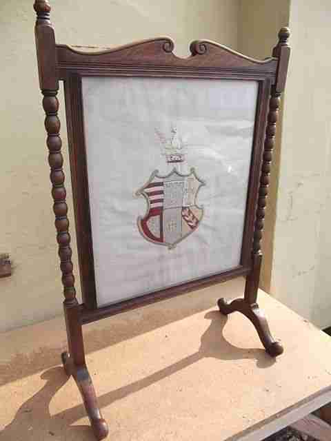 Vintage fire screen - Oak fire screen with embroidered linen coat of arms