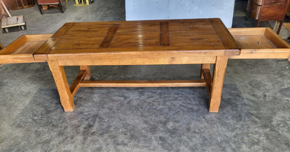 Oak rectangular refectory dining table 2 drawers seat 8