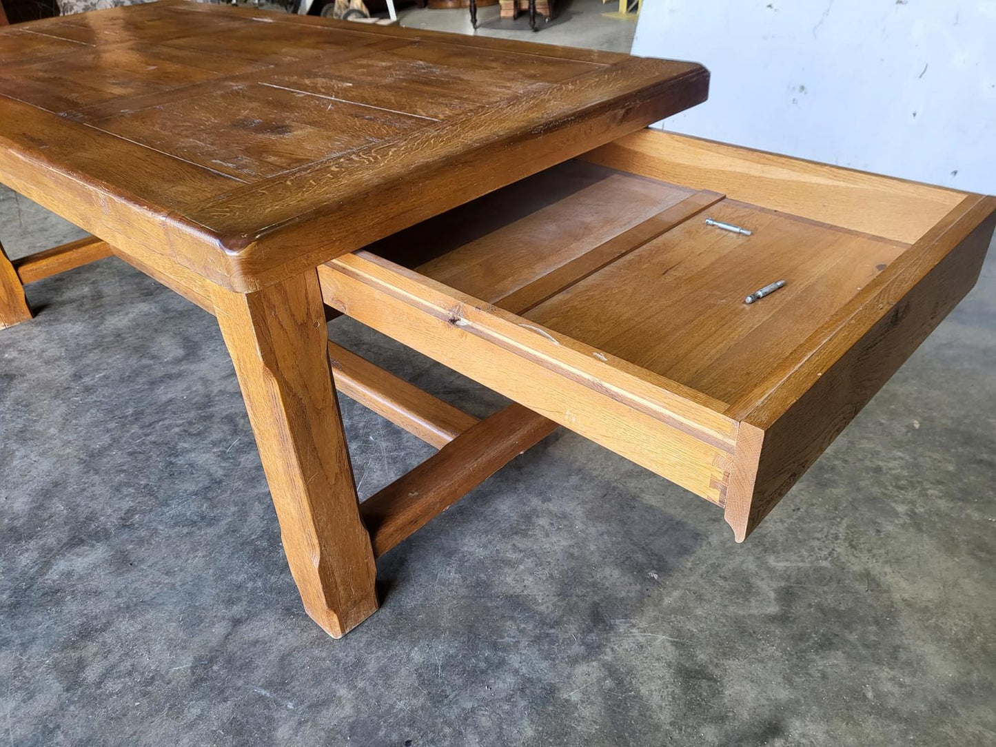 Oak rectangular refectory dining table 2 drawers seat 8