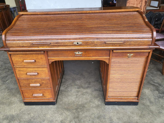 Antique oak roll top tambour twin pedestal desk drawers