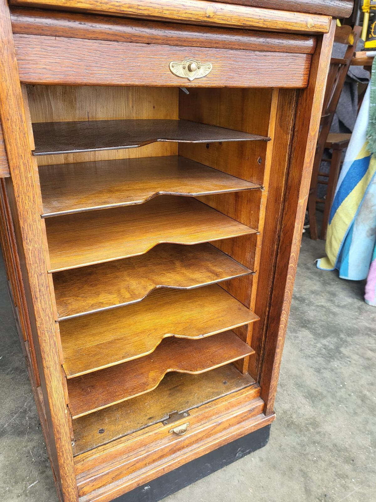 Antique oak roll top tambour twin pedestal desk drawers