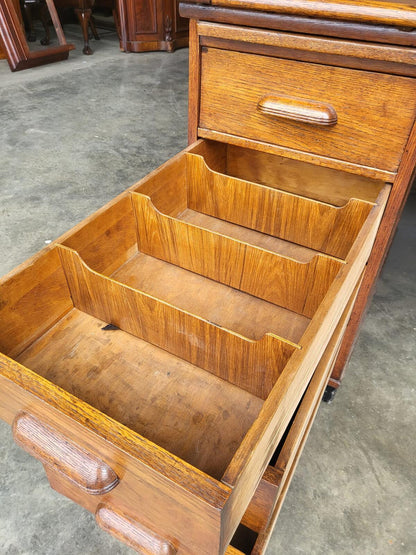 Antique oak roll top tambour twin pedestal desk drawers
