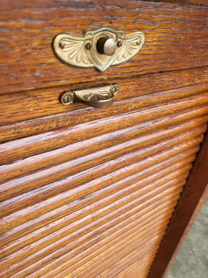 Antique oak roll top tambour twin pedestal desk drawers