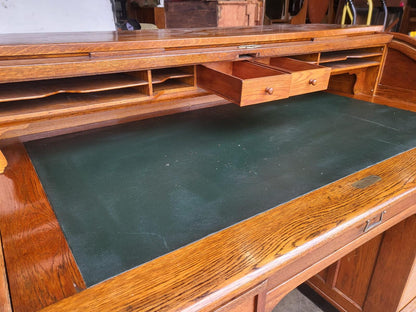 Antique oak roll top tambour twin pedestal desk drawers