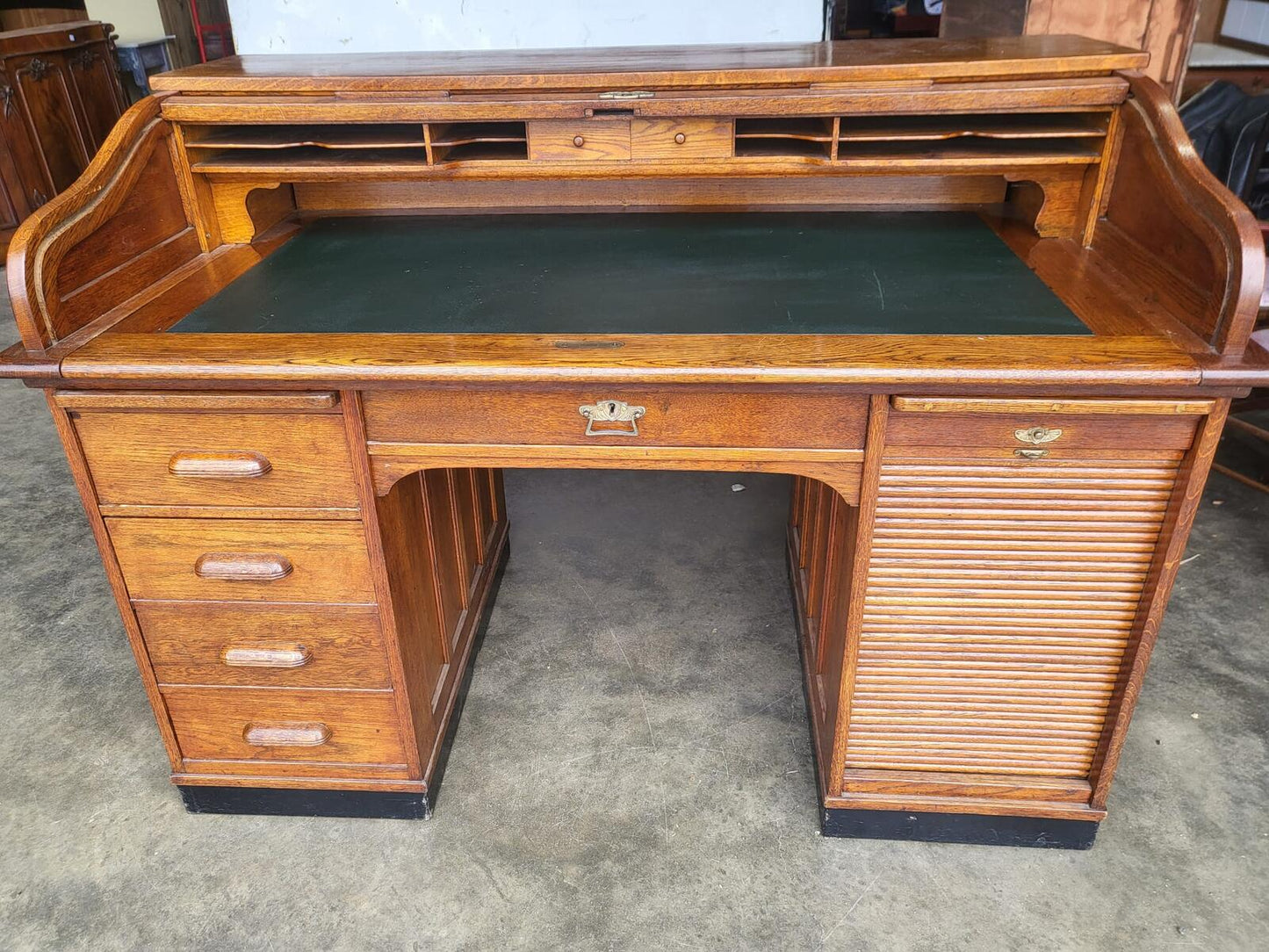 Antique oak roll top tambour twin pedestal desk drawers