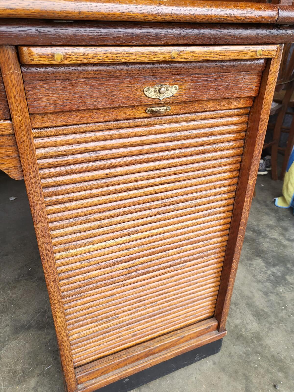 Antique oak roll top tambour twin pedestal desk drawers
