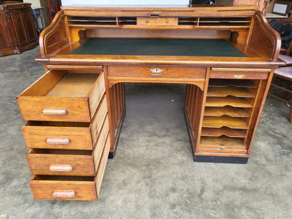 Antique oak roll top tambour twin pedestal desk drawers