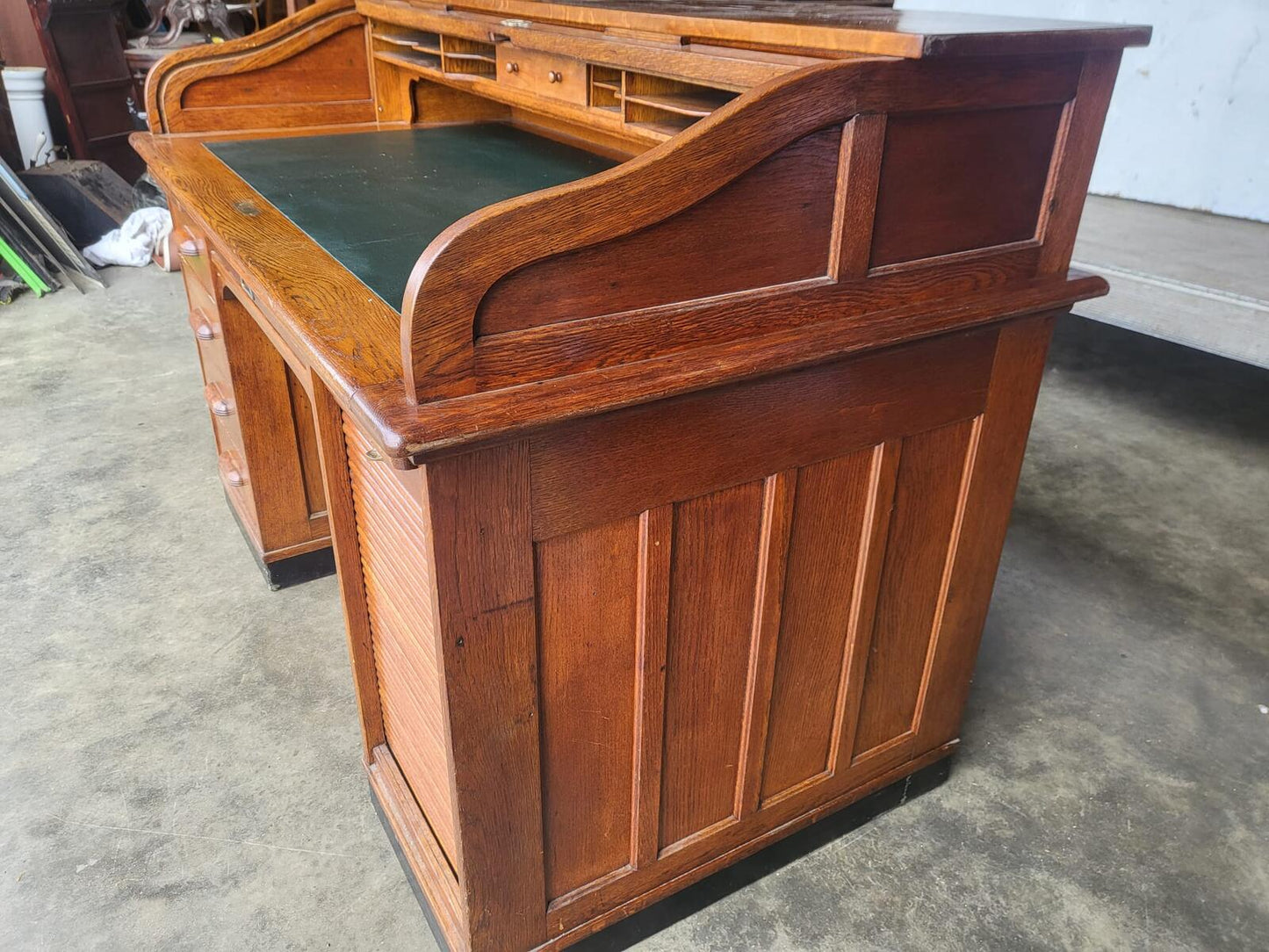 Antique oak roll top tambour twin pedestal desk drawers