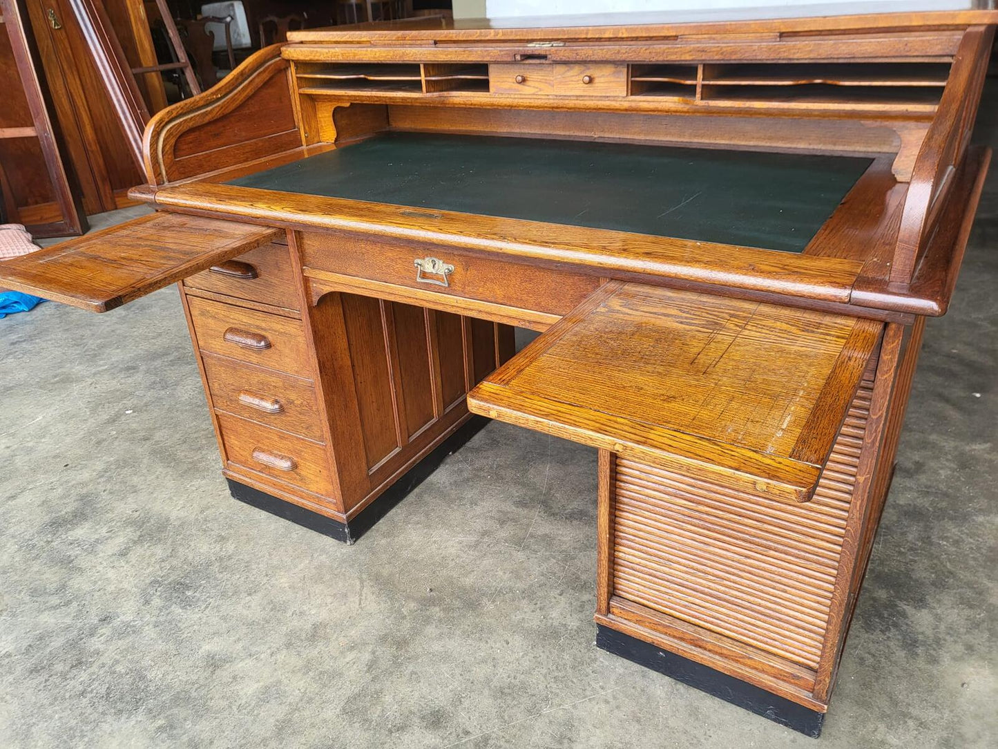 Antique oak roll top tambour twin pedestal desk drawers