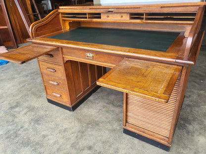 Antique oak roll top tambour twin pedestal desk drawers