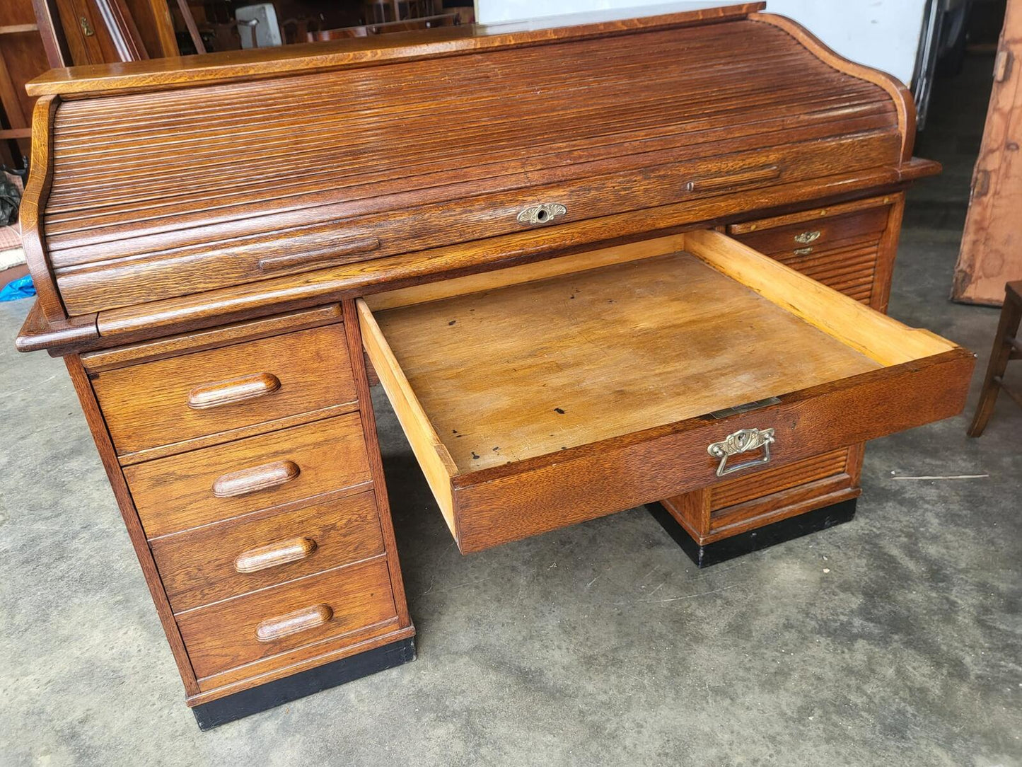 Antique oak roll top tambour twin pedestal desk drawers