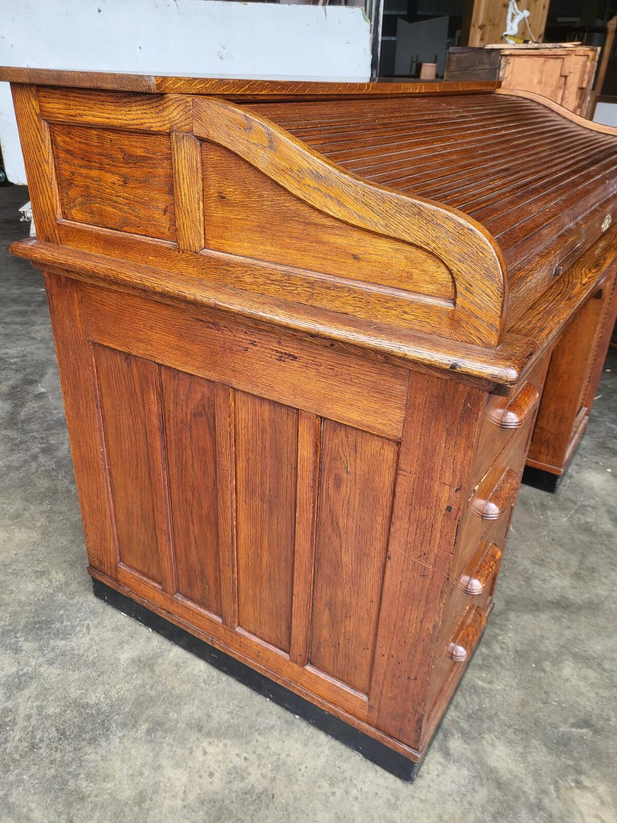 Antique oak roll top tambour twin pedestal desk drawers