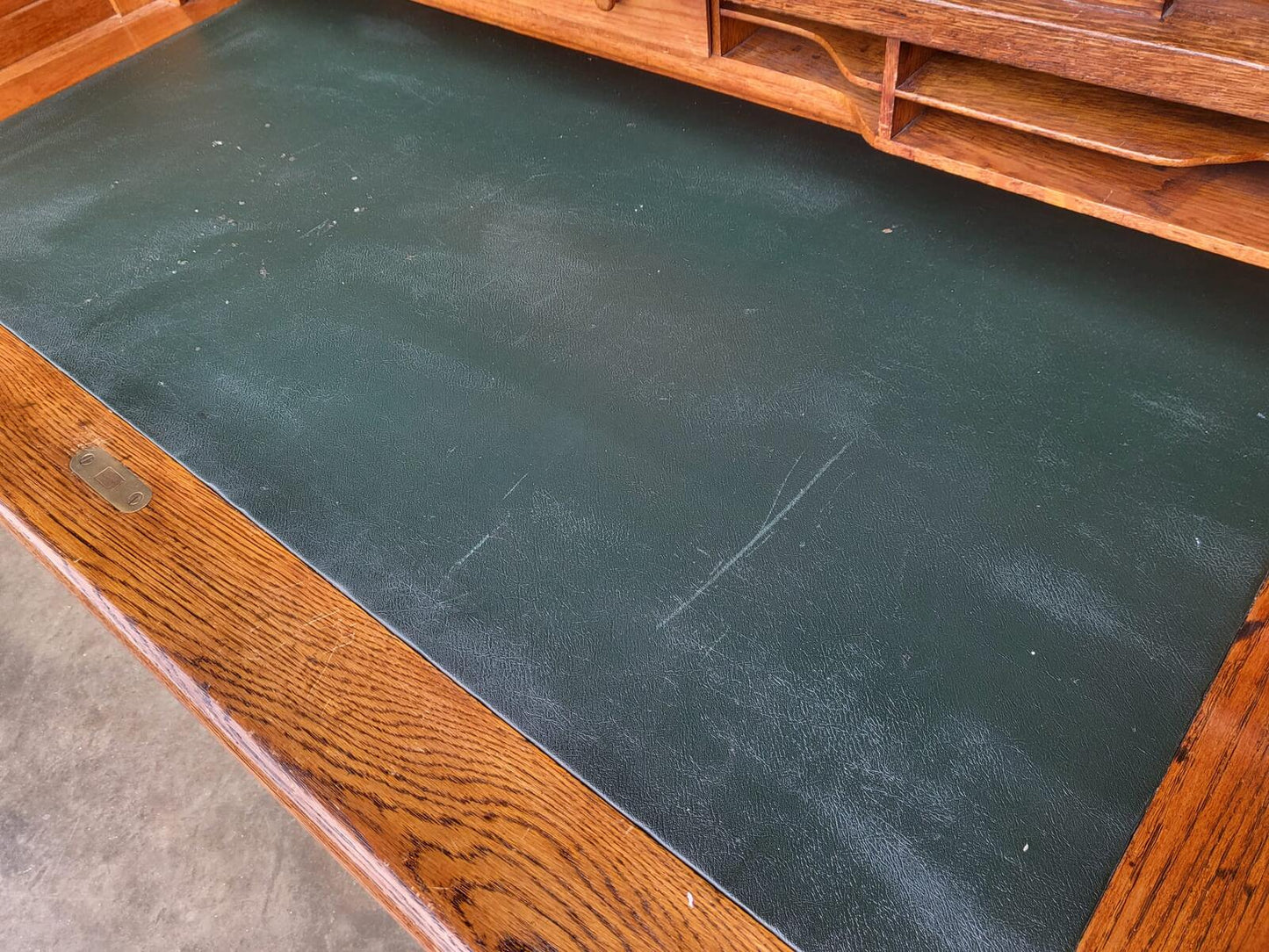 Antique oak roll top tambour twin pedestal desk drawers