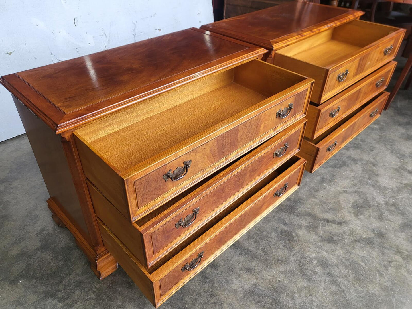Pair two low antique repro Charles Barr chest of drawers