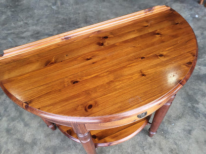Pine demi lune 2 tier hall side end table drawer
