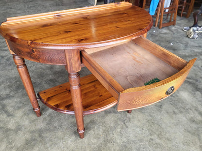 Pine demi lune 2 tier hall side end table drawer