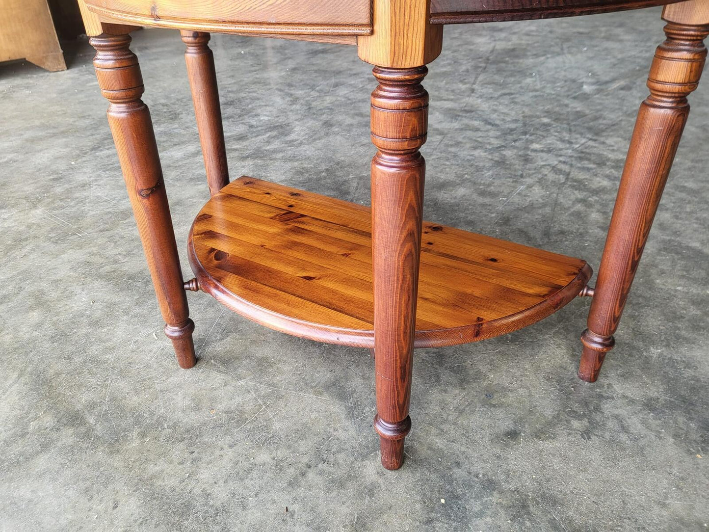 Pine demi lune 2 tier hall side end table drawer