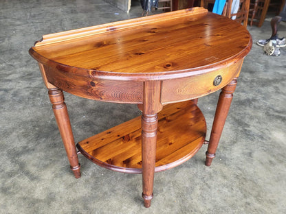 Pine demi lune 2 tier hall side end table drawer