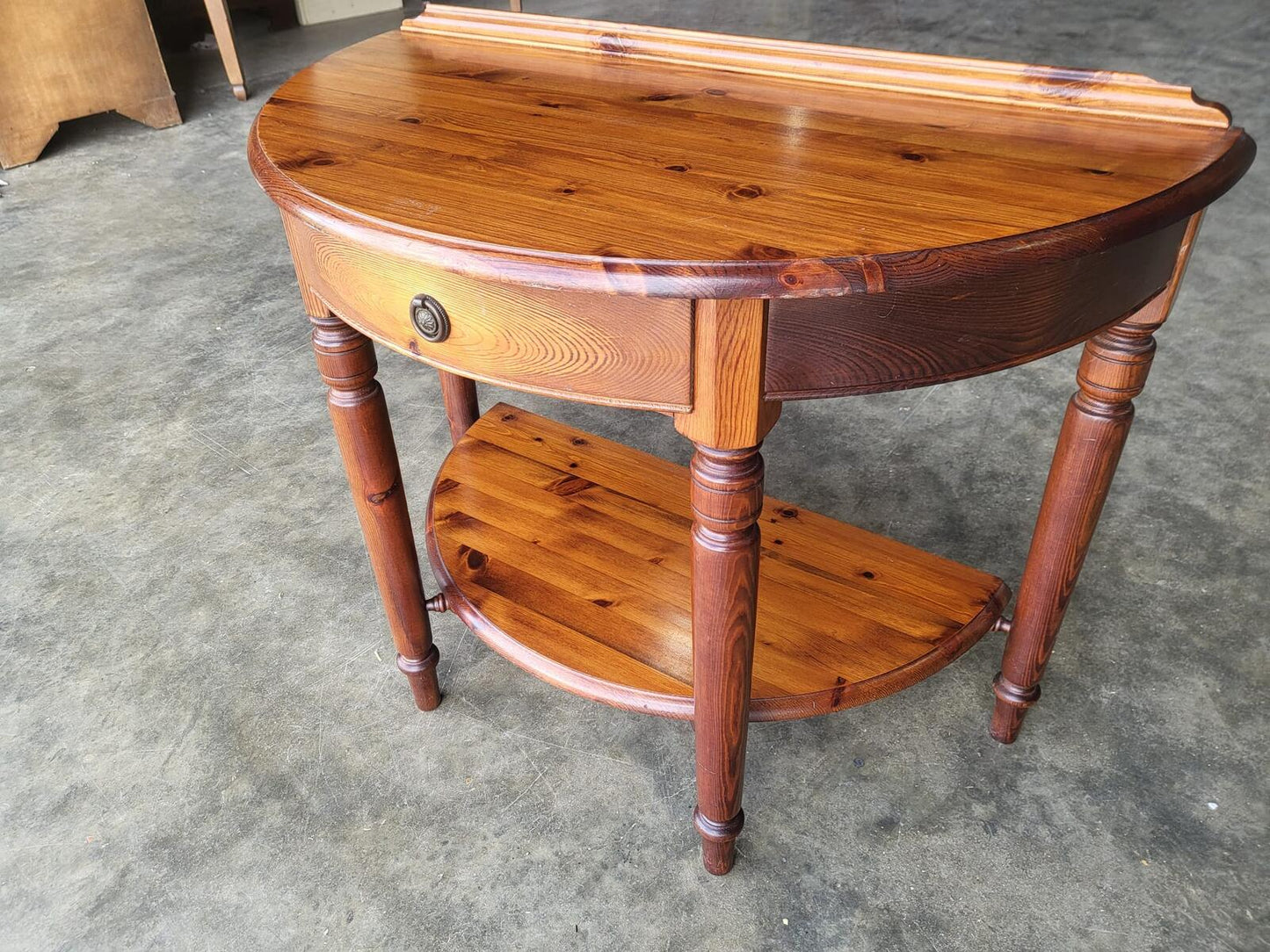 Pine demi lune 2 tier hall side end table drawer
