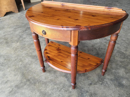 Pine demi lune 2 tier hall side end table drawer