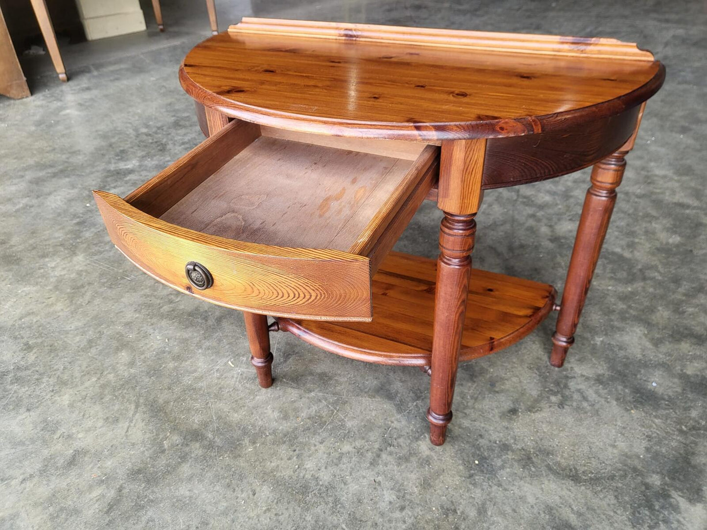 Pine demi lune 2 tier hall side end table drawer