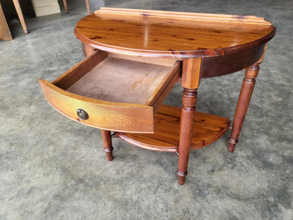 Pine demi lune 2 tier hall side end table drawer