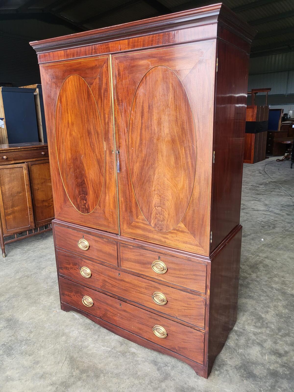 Antique Regency ? mahogany double wardrobe drawers linen press
