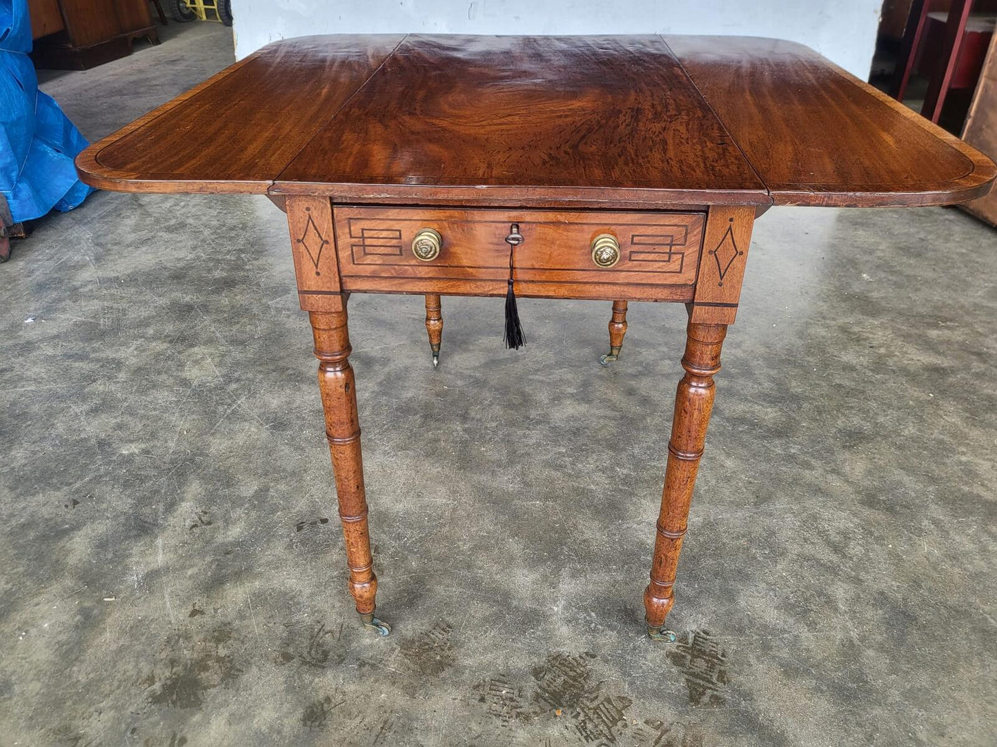 Antique Regency inlaid Pembroke drop leaf dining occasional table drawer