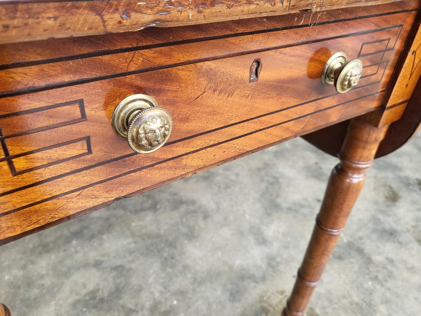 Antique Regency inlaid Pembroke drop leaf dining occasional table drawer