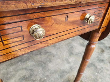 Antique Regency inlaid Pembroke drop leaf dining occasional table drawer