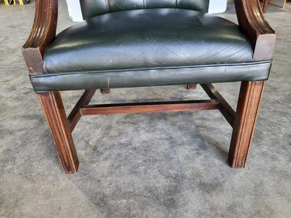 Antique repro green leather button back open armchair
