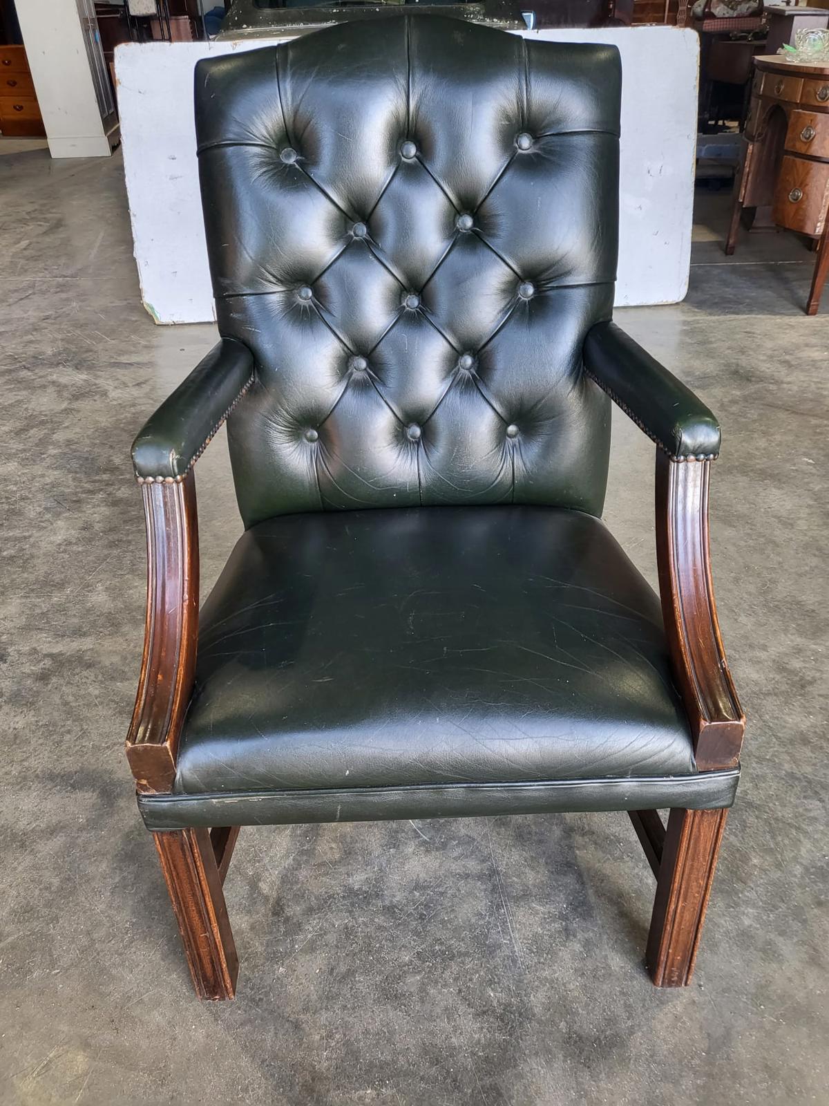 Antique repro green leather button back open armchair