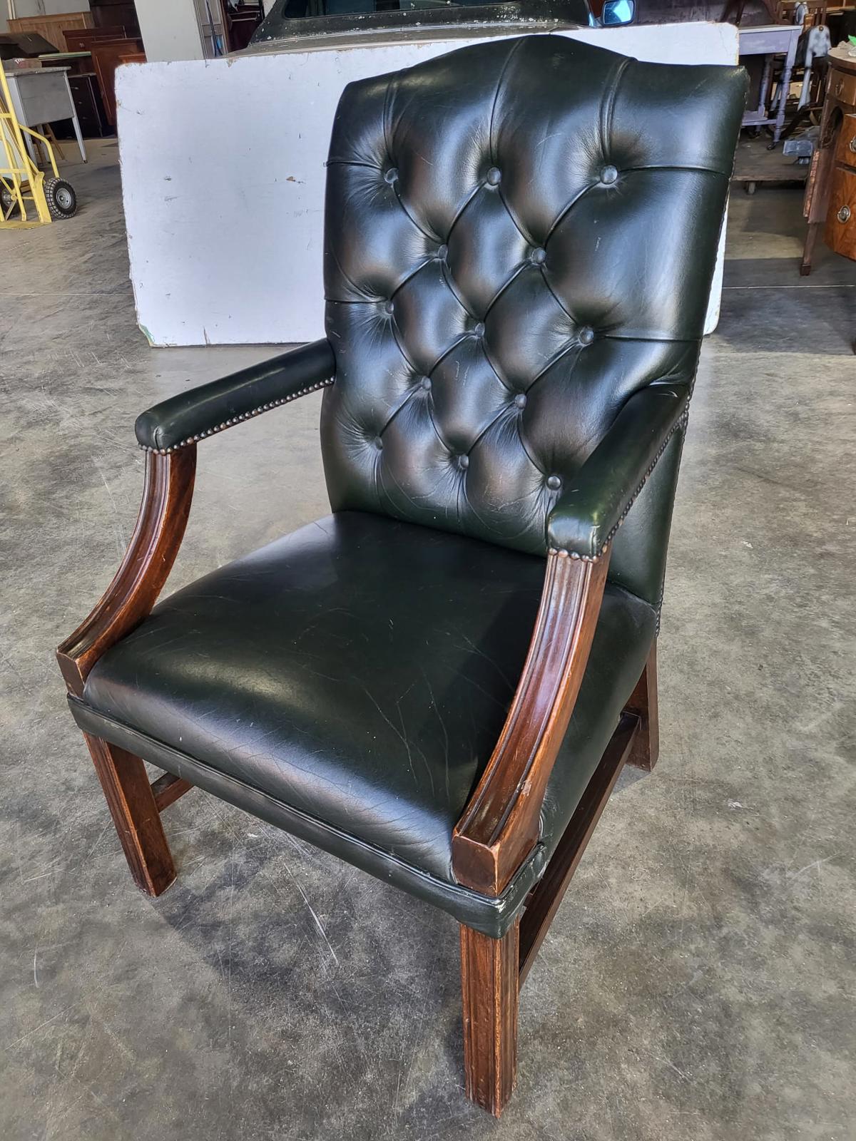 Antique repro green leather button back open armchair