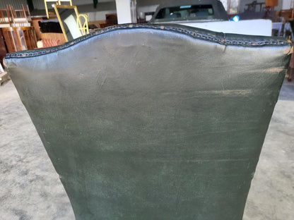 Antique repro green leather button back open armchair
